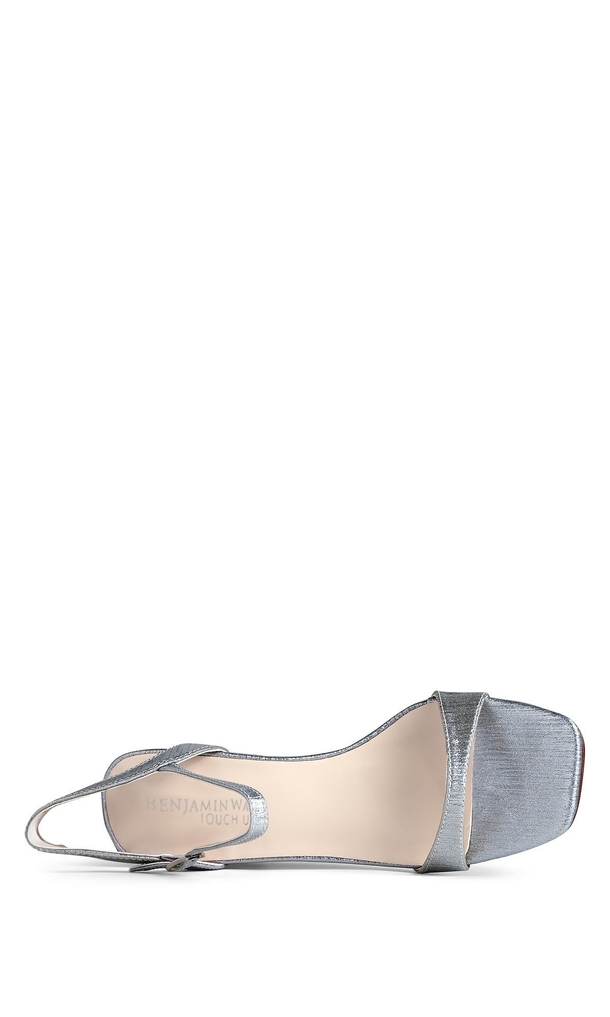 The True Silver Prom Shoes: Touch Ups 4768 is a stylish open-toe slingback sandal featuring a low block heel, square toe, metallic finish, and buckle closure—ideal block heel prom shoes.